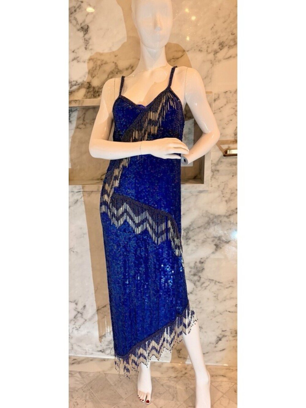 Vintage Laurence Kazar Blue Sequin Beaded Silk Cocktail Dress Fringe Art Deco M